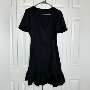 Wrap Dress Ruffle Hem Short Flare Sleeve Black V-Neck Knee Length Sz S